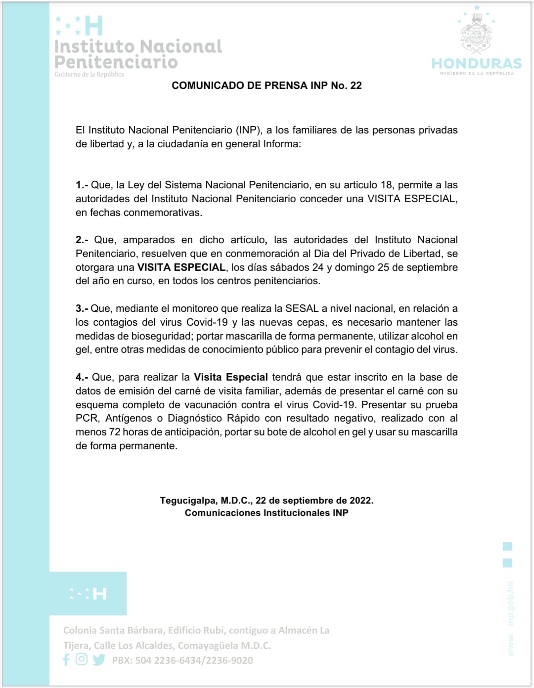 COMUNICADO DE PRENSA No 22 2022 VISITA FAMILIAR EN CENTROS