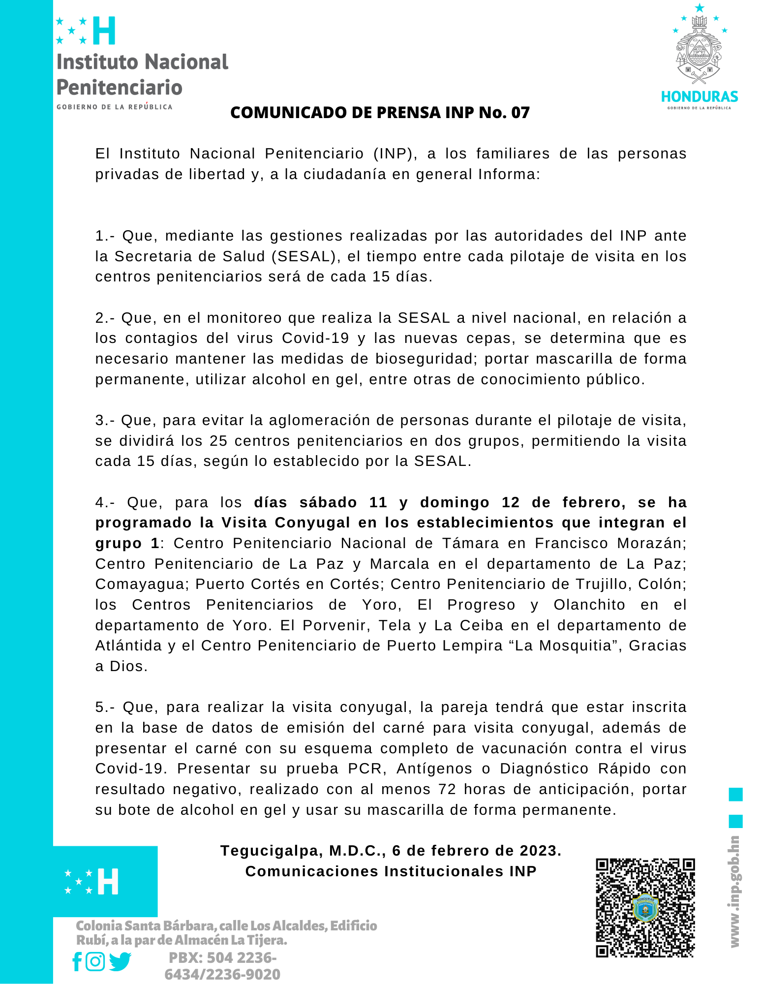 COMUNICADO DE PRENSA No 07 2023 VISITA CONYUGAL EN 13 CENTROS