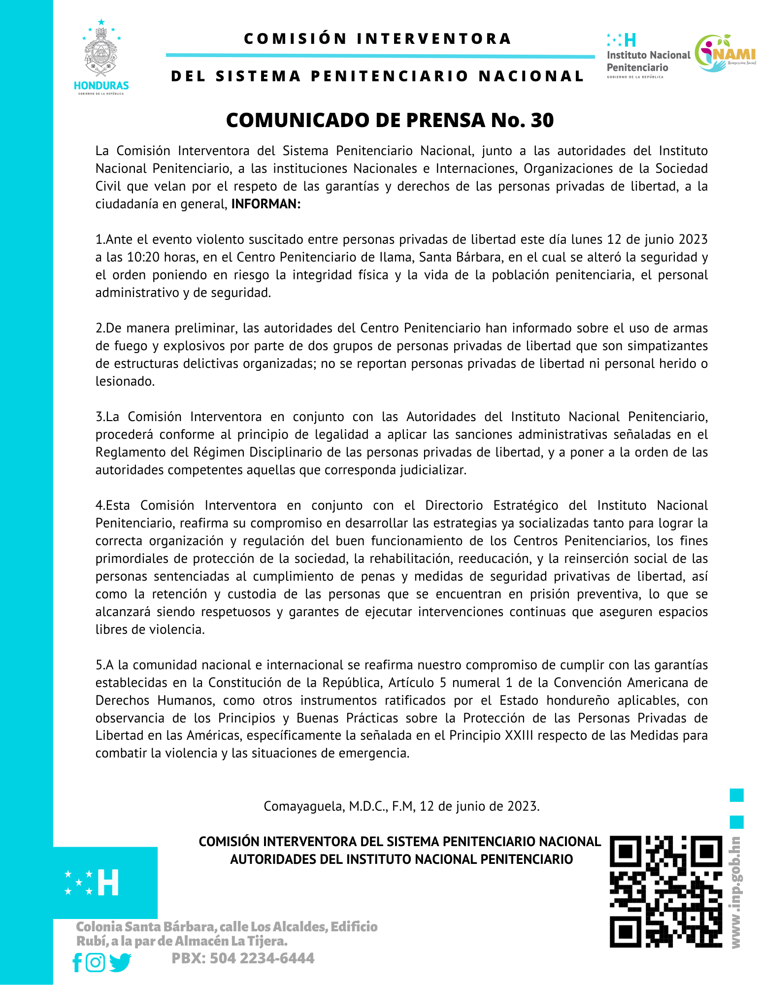 Comunicado De Prensa No Instituto Nacional Penitenciario Hn