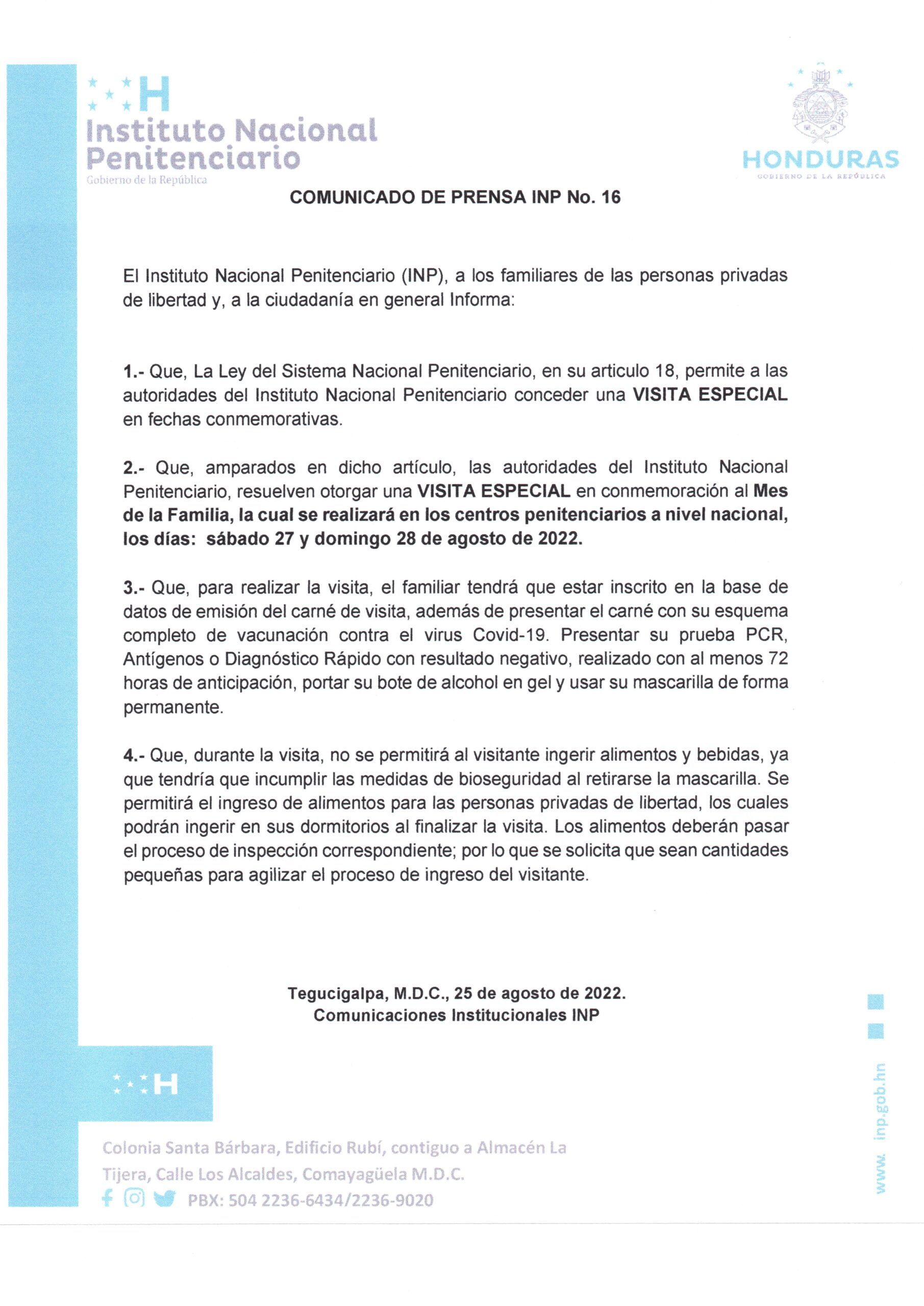 Comunicado De Prensa No Visita Familiar En Centros Penitenciarios Instituto