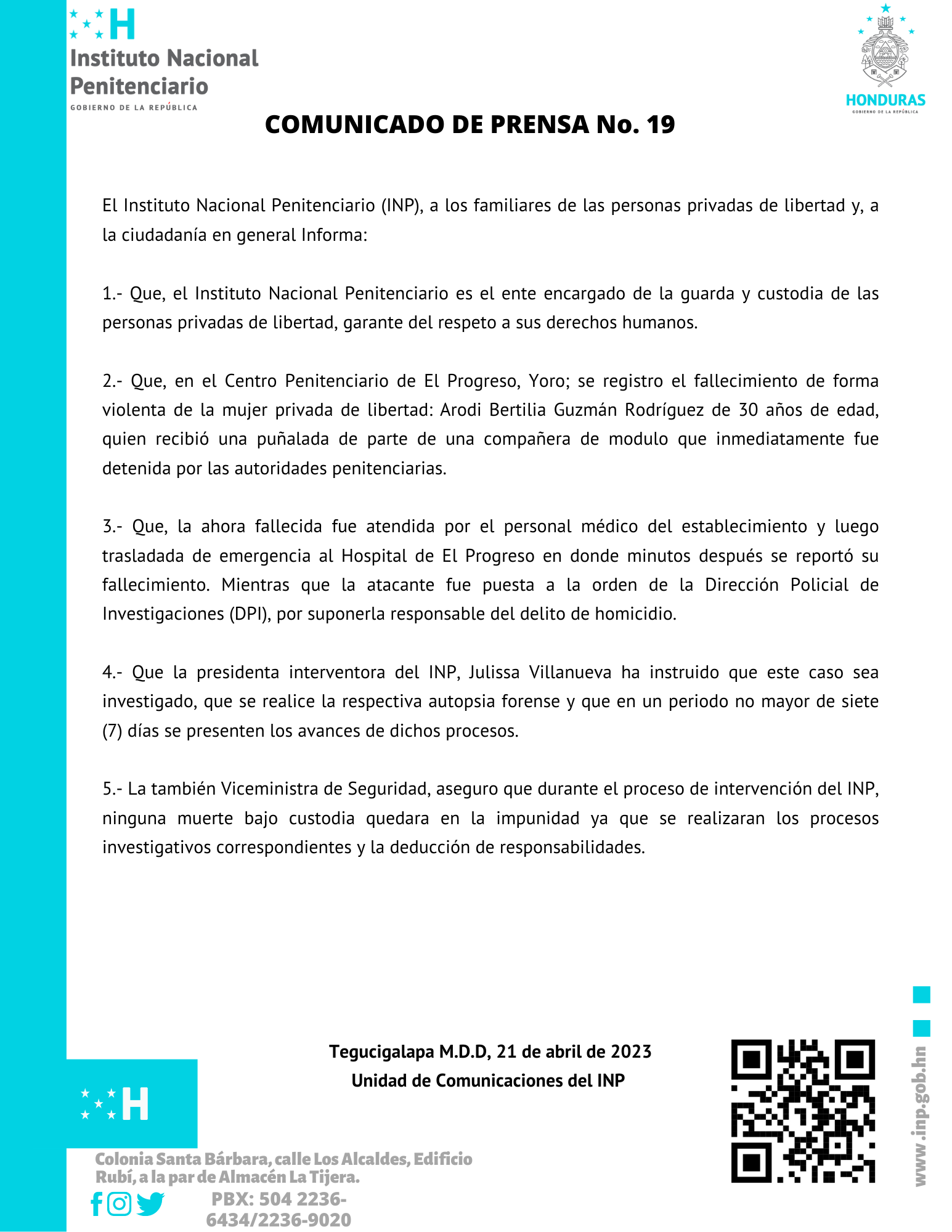 Comunicado De Prensa No Instituto Nacional Penitenciario Hn